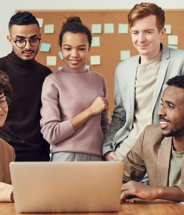 editorial style photograph of technology professionals collaborating on innovative projects